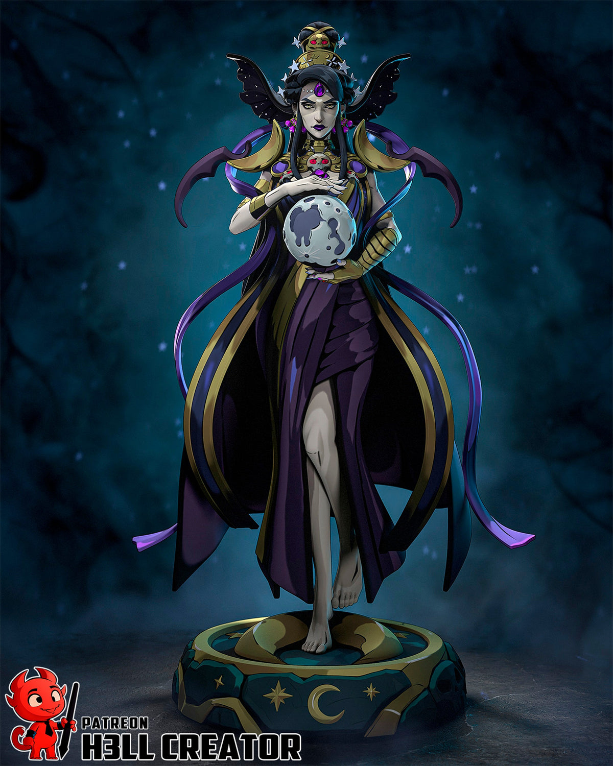 Painted Night Matron from Hades resin figure faces forward, holding an orb on sculpted moon base.