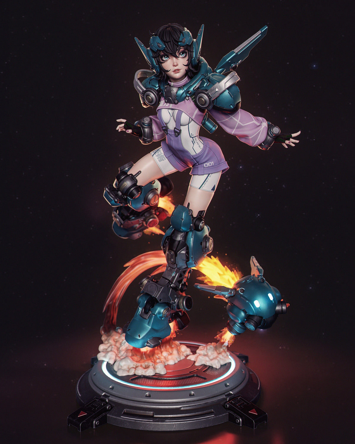 Nillai resin figure in dynamic flying pose with dual weapons, teal and pink armor, mounted on illuminated base with flame effects.