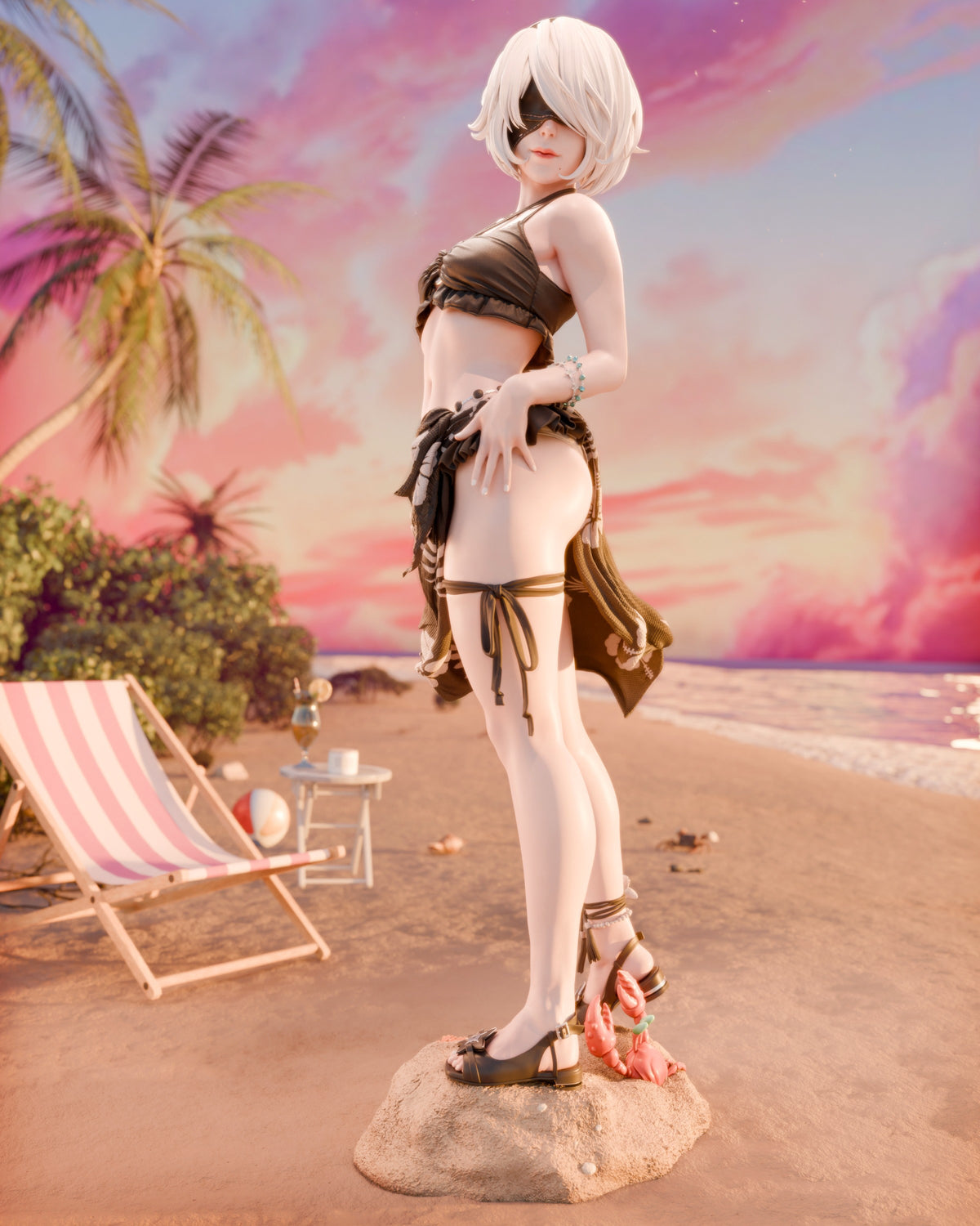 2B Swimsuit from NieR: Automata is a painted resin figure shown in a side pose on a sculpted sandy base.