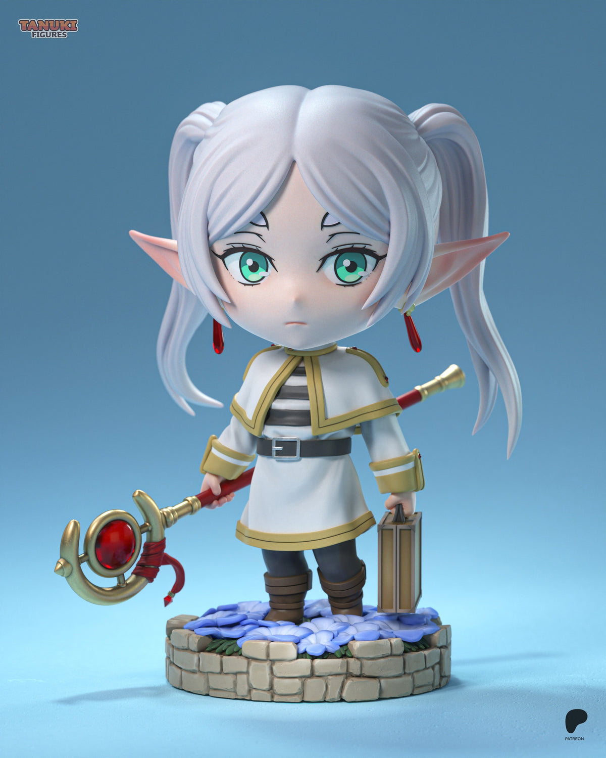 Front-facing Frieren resin Chibi figure from Frieren: Beyond Journey's End on a flowered stone base.