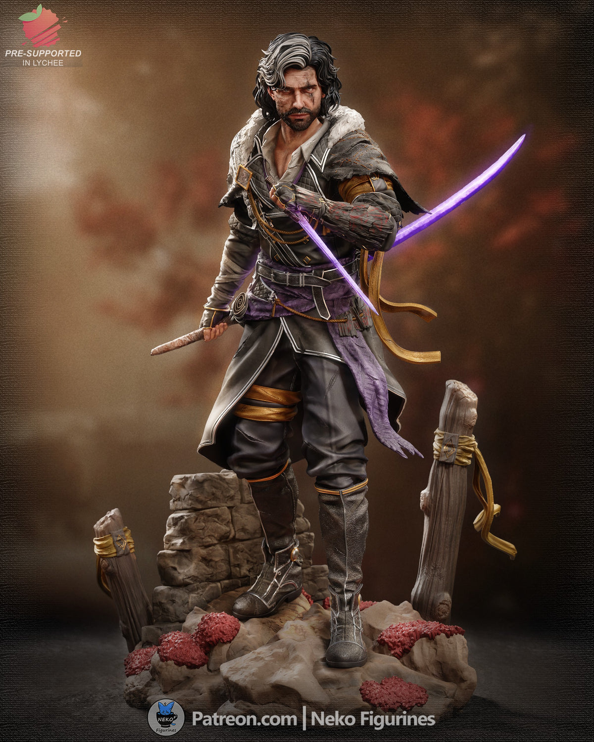 Painted Verso resin figure from Expedition 33 stands with crossed swords on a sculpted rocky base.