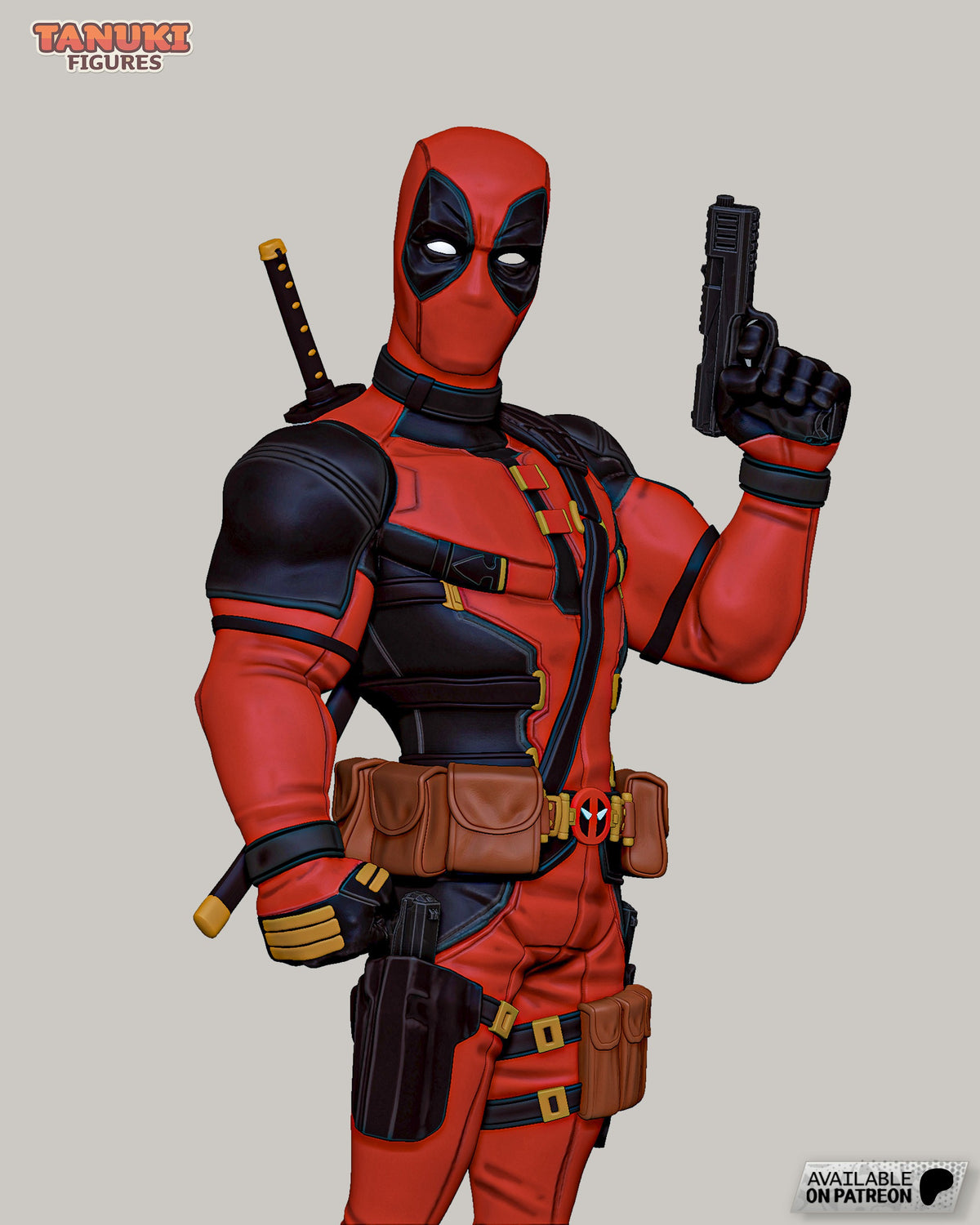 Deadpool resin figure in red and black suit, posed facing forward with gun raised, katana on back, brown utility belts, detailed painted finish against neutral background.