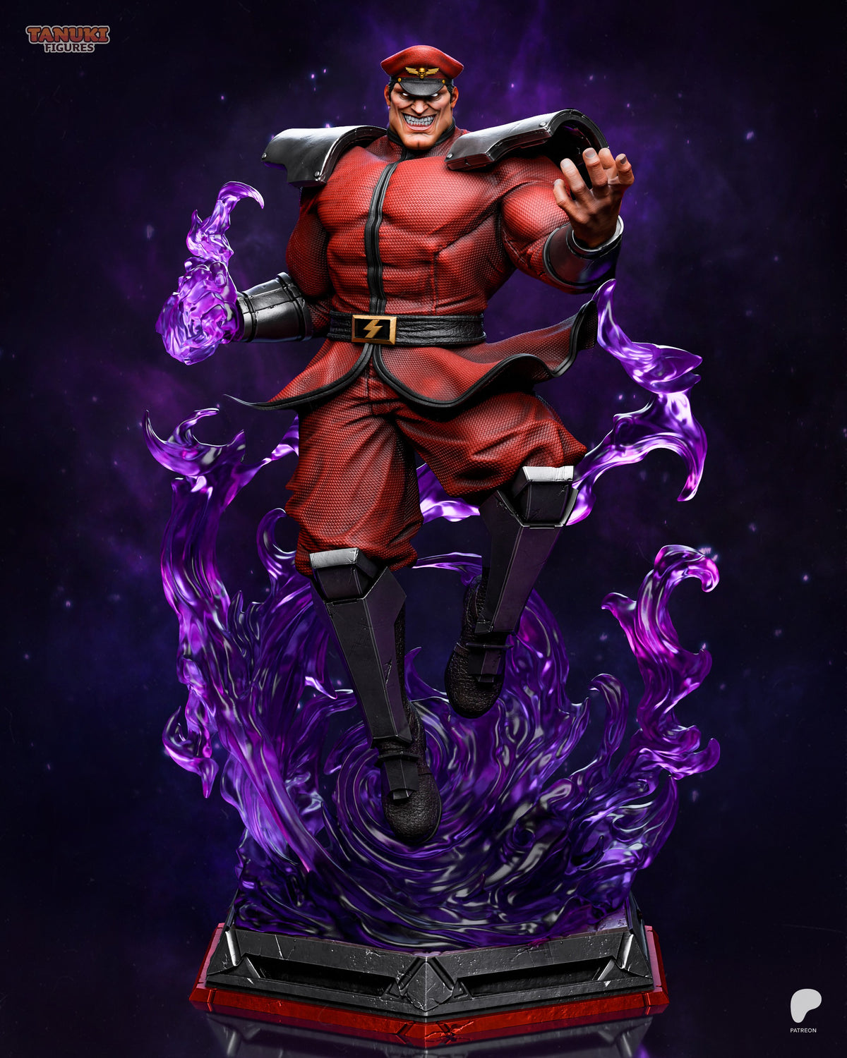 Bison resin figure in red outfit striking a powerful pose with purple energy effects, displayed on dark base, front-facing beauty shot.