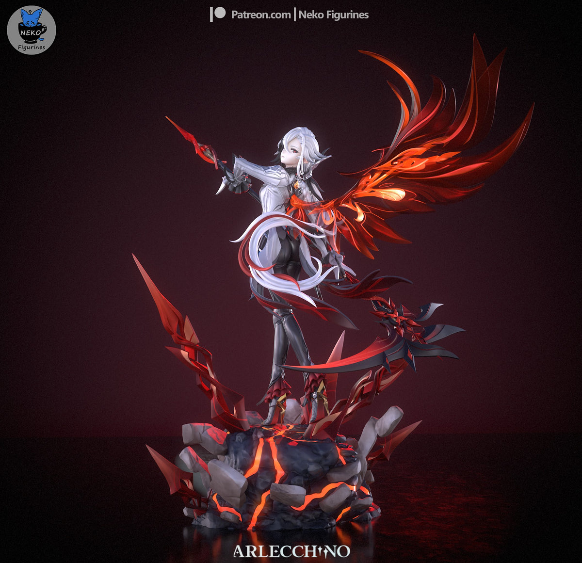 Arlecchino resin figure from Genshin Impact poses with a weapon, red effects, and rocky base.