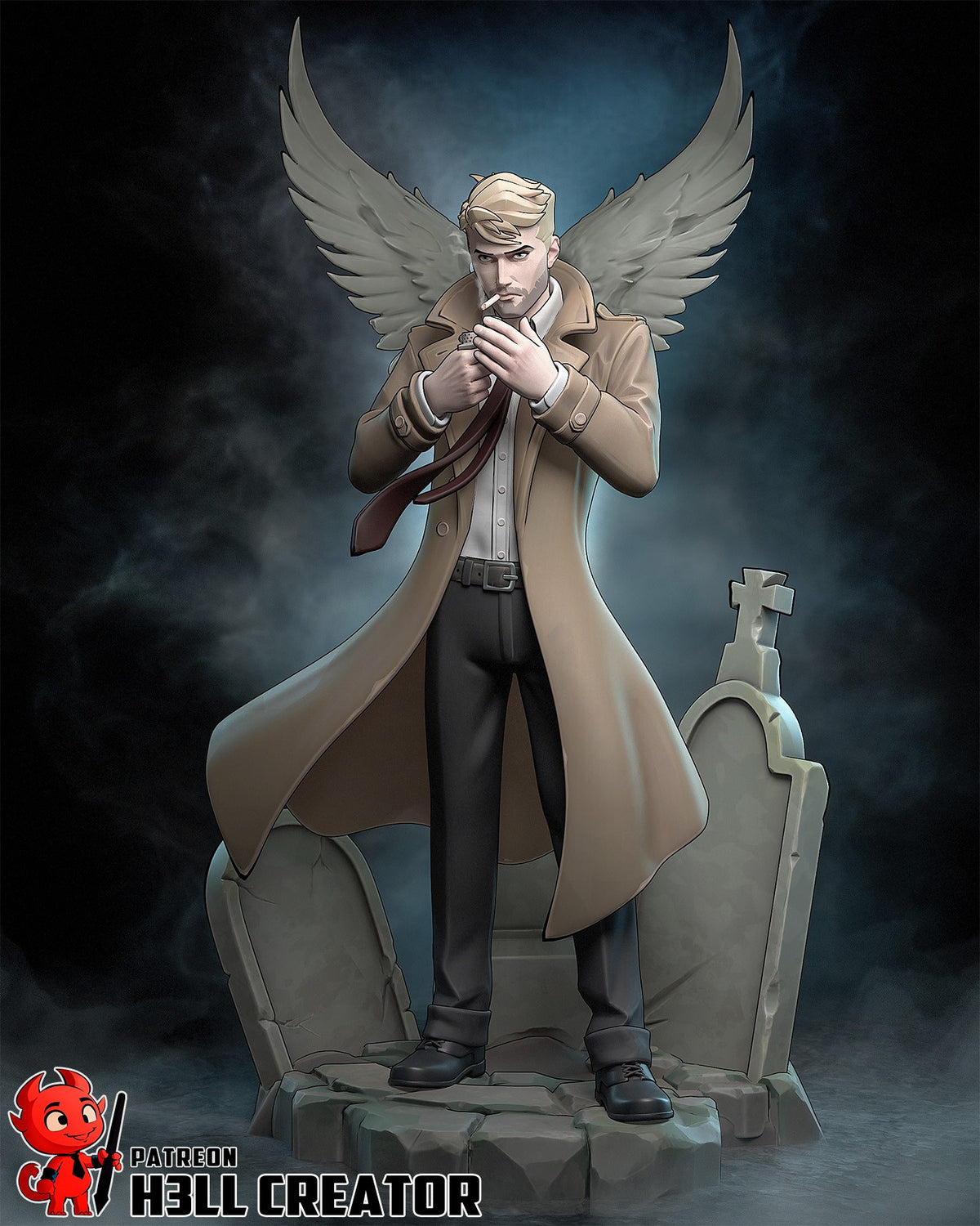 Painted John Constantine resin figure from Constantine stands front-facing on a sculpted graveyard base with wings.