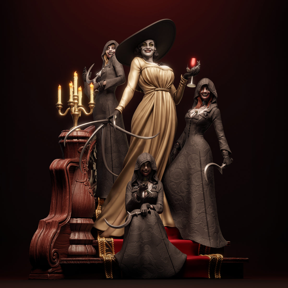 Front-facing painted Lady Dimitrescu resin figure from Resident Evil stands on a sculpted throne base.