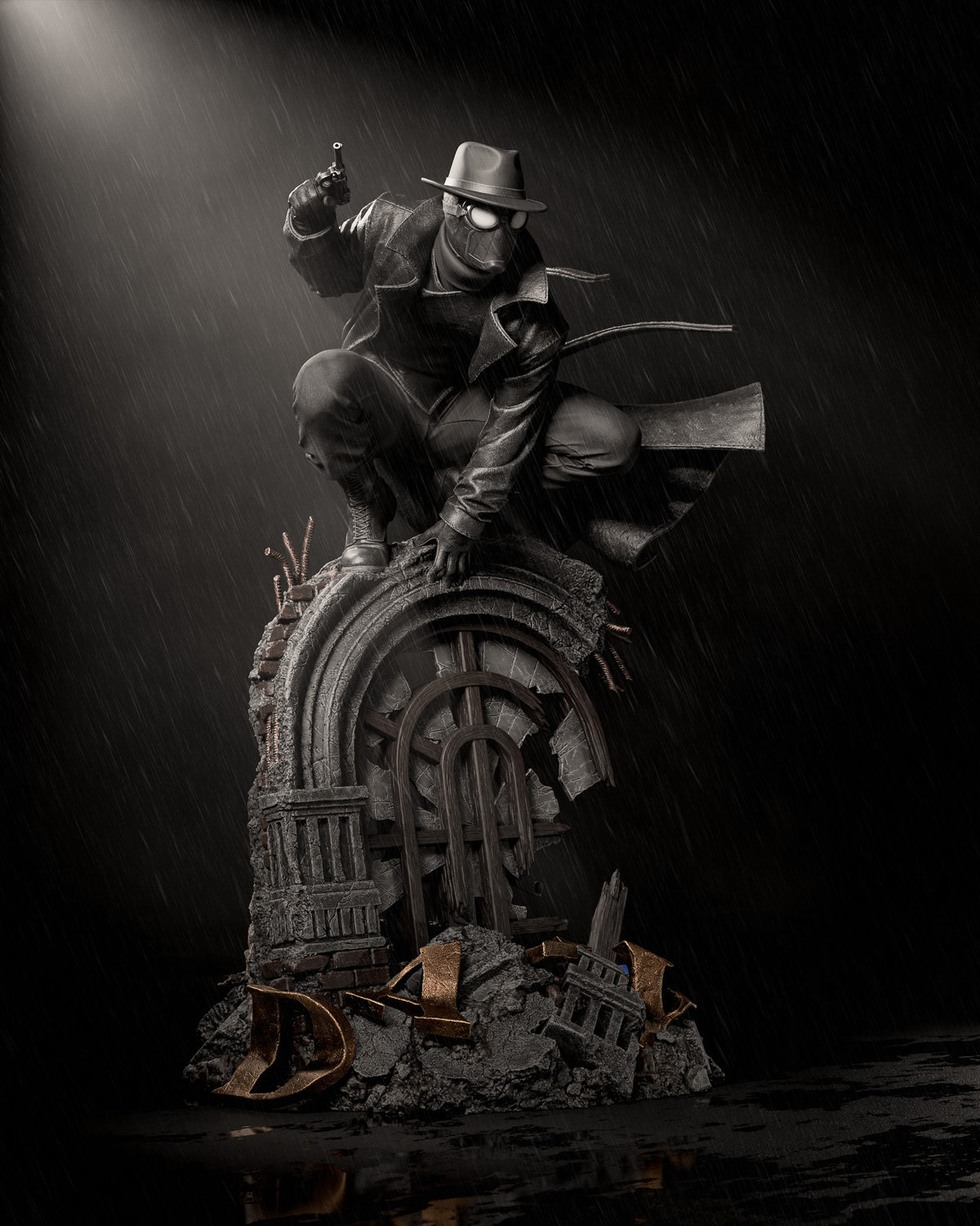Masked Vigilante resin figure perched on architectural base with gear elements, dramatic rain-lit pose, painted details, dynamic cape, studio lighting beautyshot.