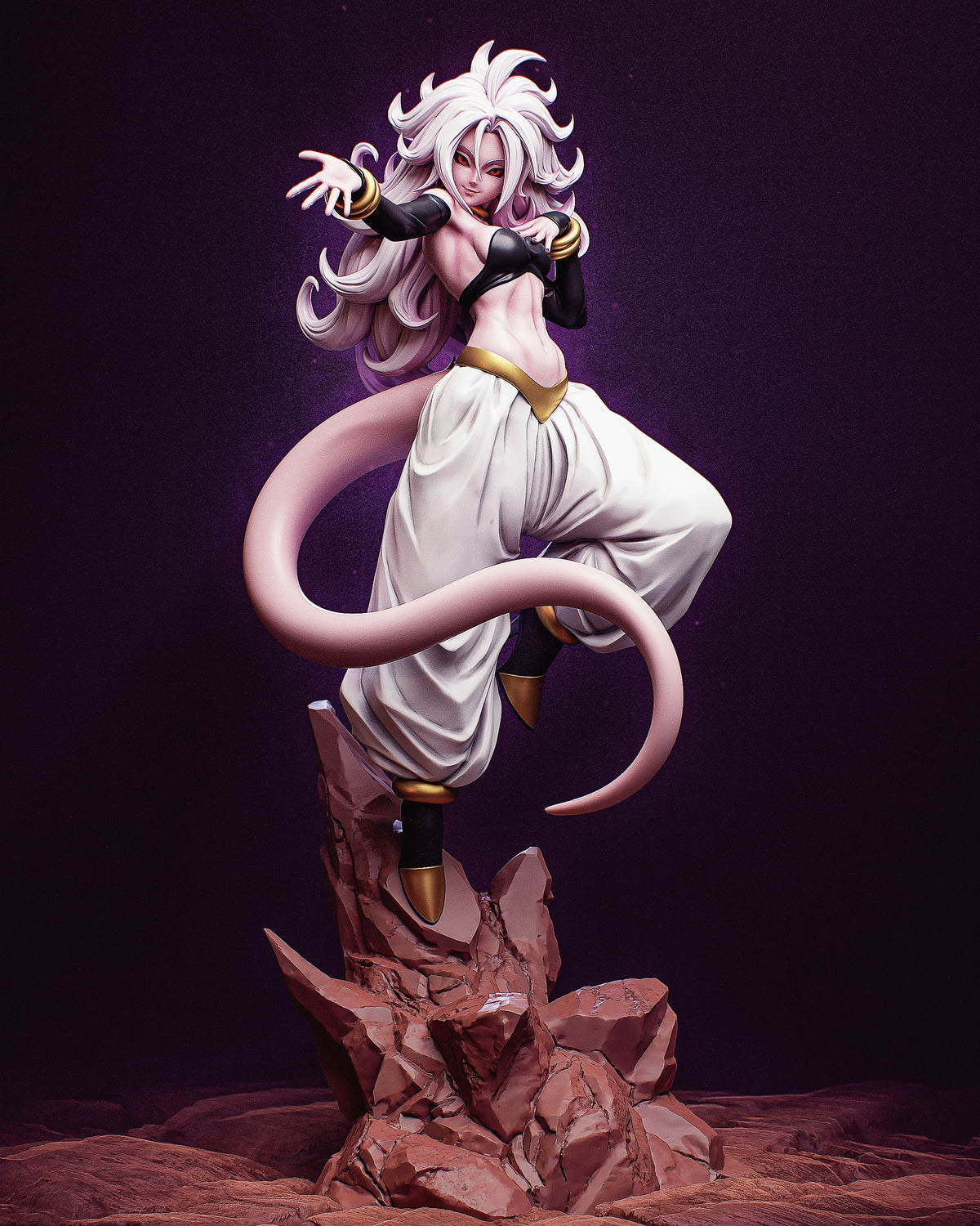 Cyborg Bio Enchantress resin figure from Dragon Sphere Y posed dynamically on rocky base, white hair flowing, black and gold outfit, pink tail curved around body.
