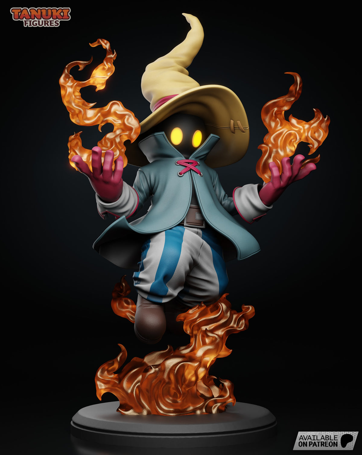 Vivi Ornitier resin figure in dynamic pose with arms raised, casting orange flames, wearing blue coat and tan hat with glowing yellow eyes on flame base.