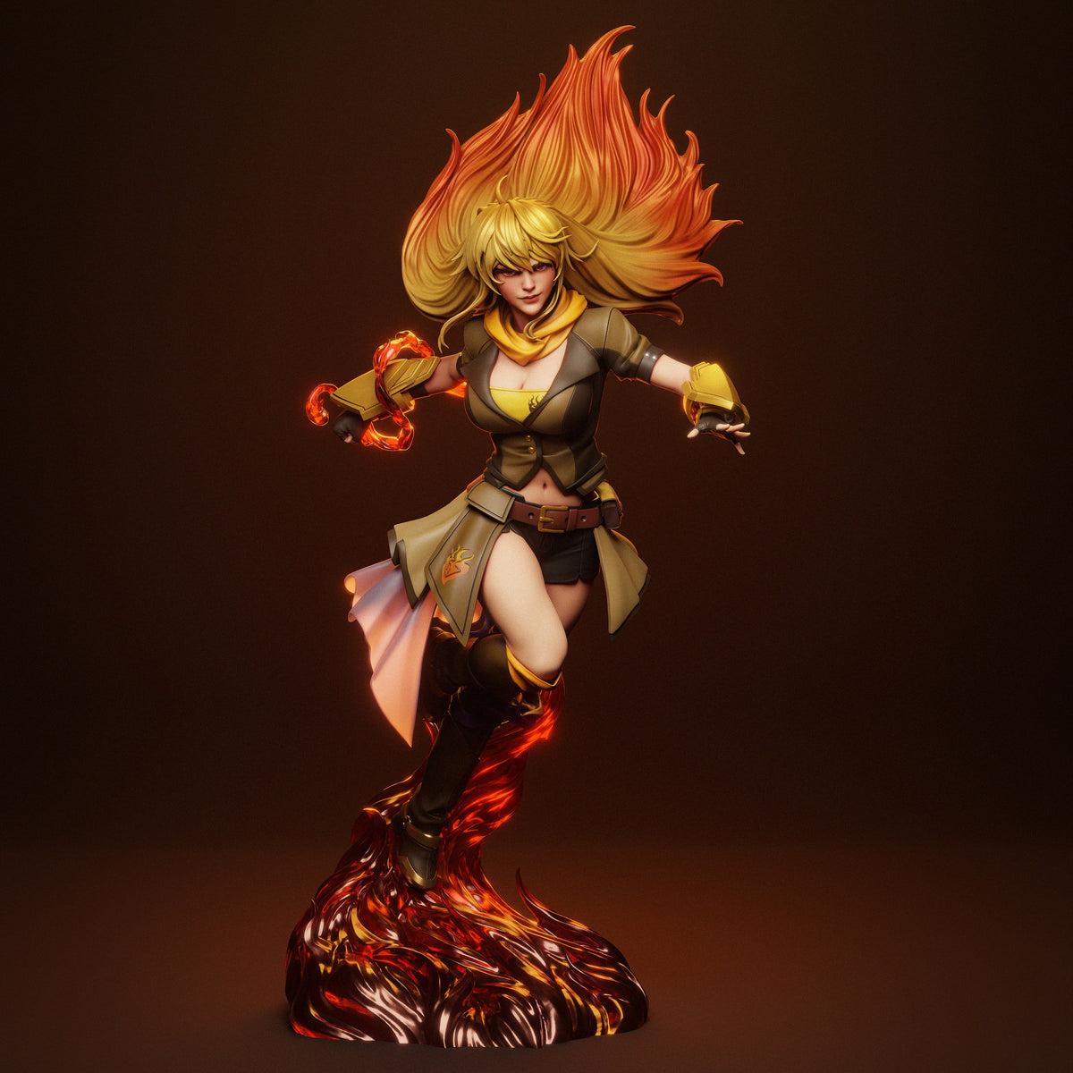 Yang Xiao Long resin figure in dynamic jumping pose with flaming hair and gauntlets, detailed paint work, fiery base, front three-quarter view.