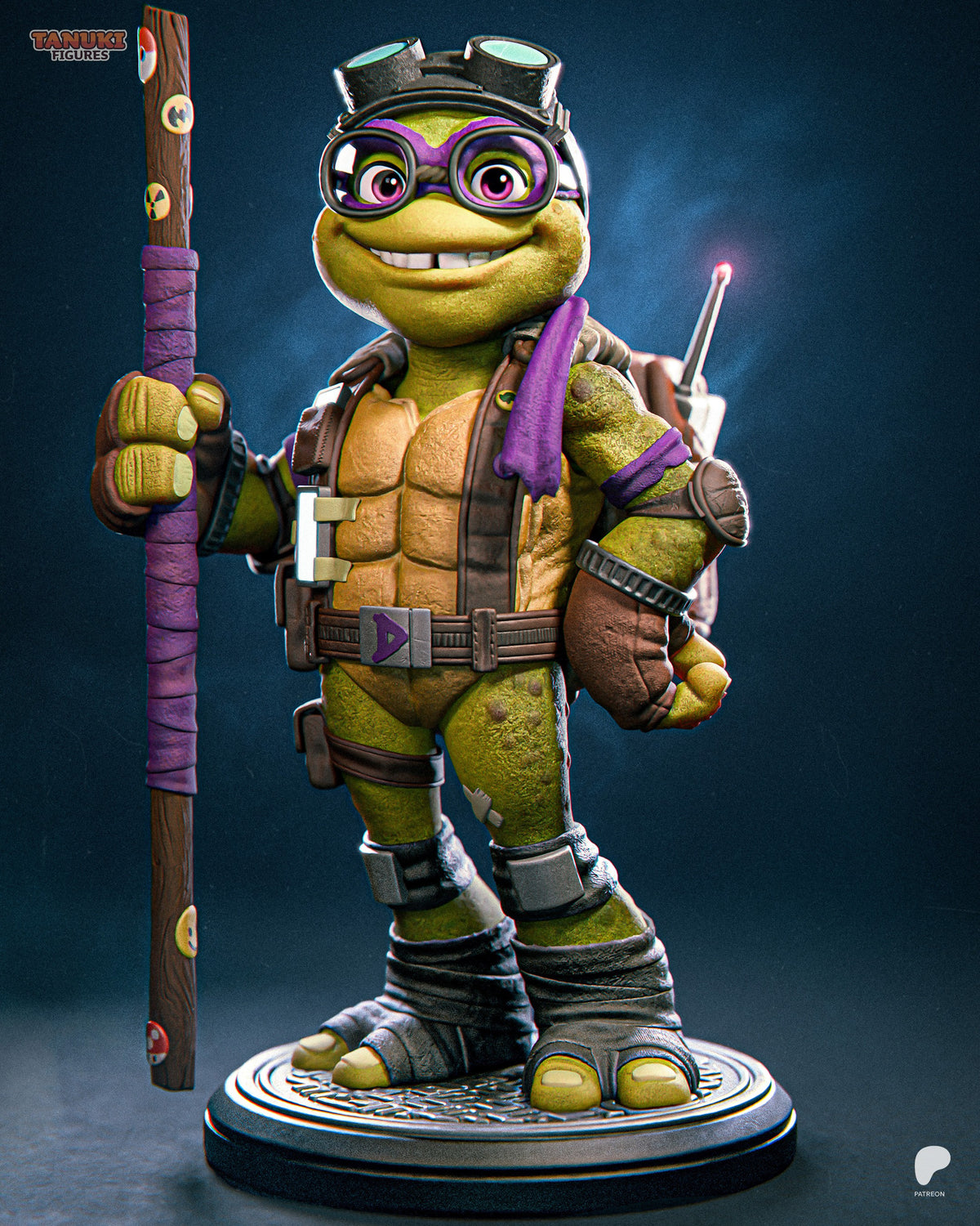 ByteStaff Shellguard resin figure standing confidently with staff and weapon, painted in green and purple with detailed armor, displayed on decorative base.