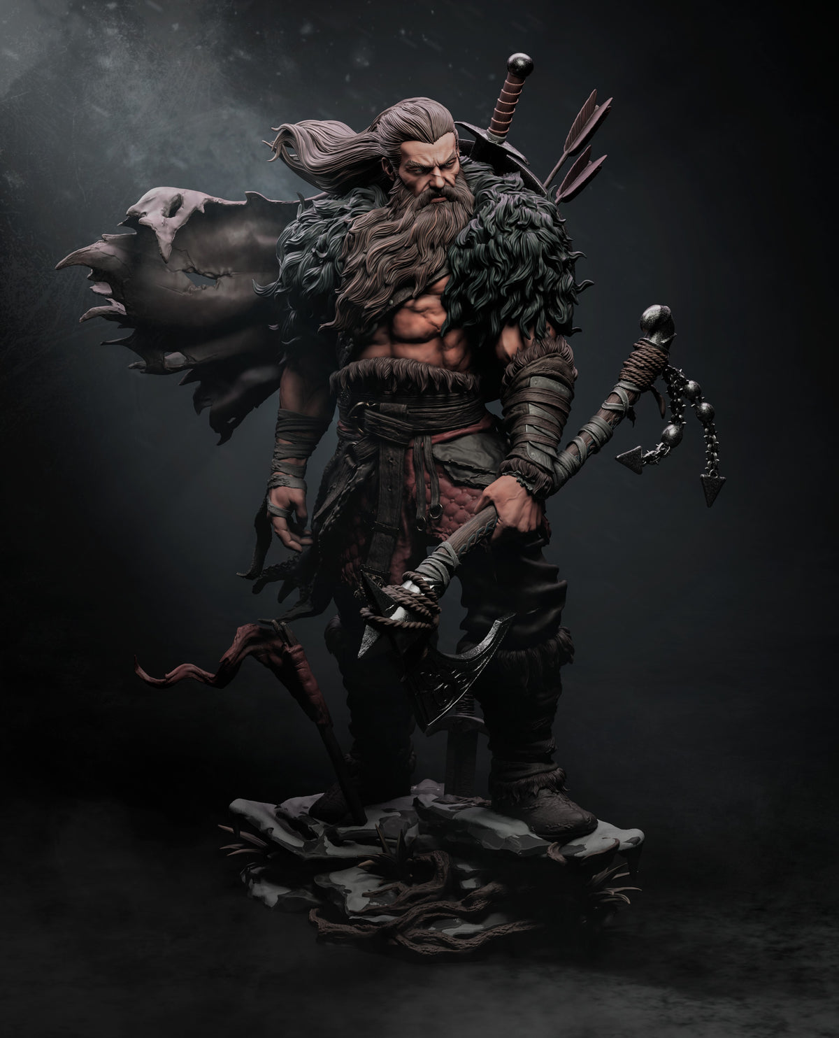 The North Warrior from Original Art is a painted resin figure shown front-facing with weapons and a sculpted rocky base.