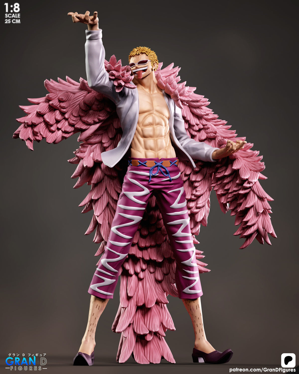 Front-facing painted Doflamingo resin figure from One Piece poses with raised arms and a feathered base.