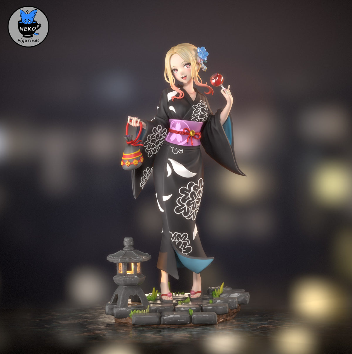 Marin Kiragawa from Dress Up Darling stands in a painted kimono resin figure on a sculpted stone base with lantern.