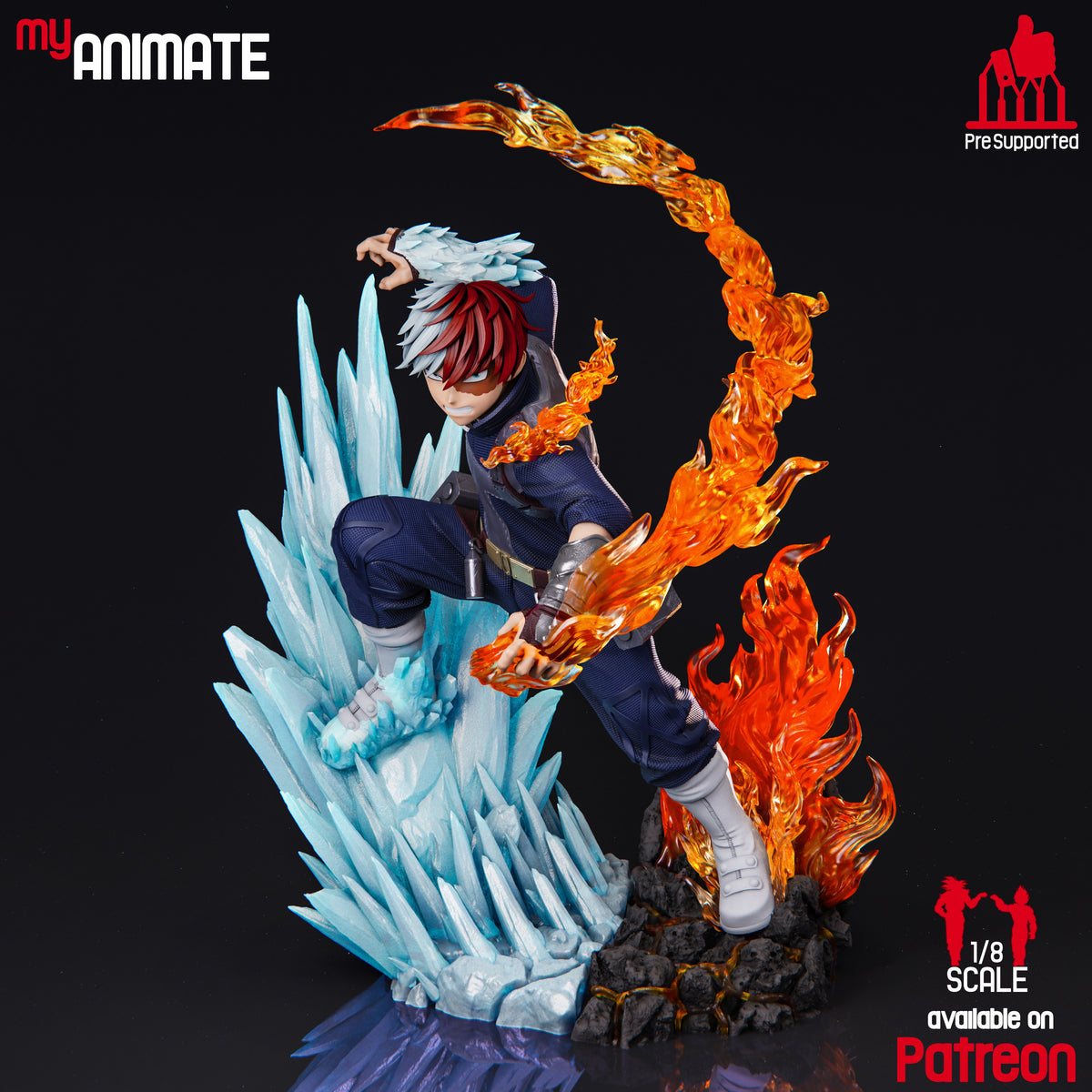 Shoto Todoroki from My Hero Academia crouches amid ice and fire, resin figure on sculpted base.