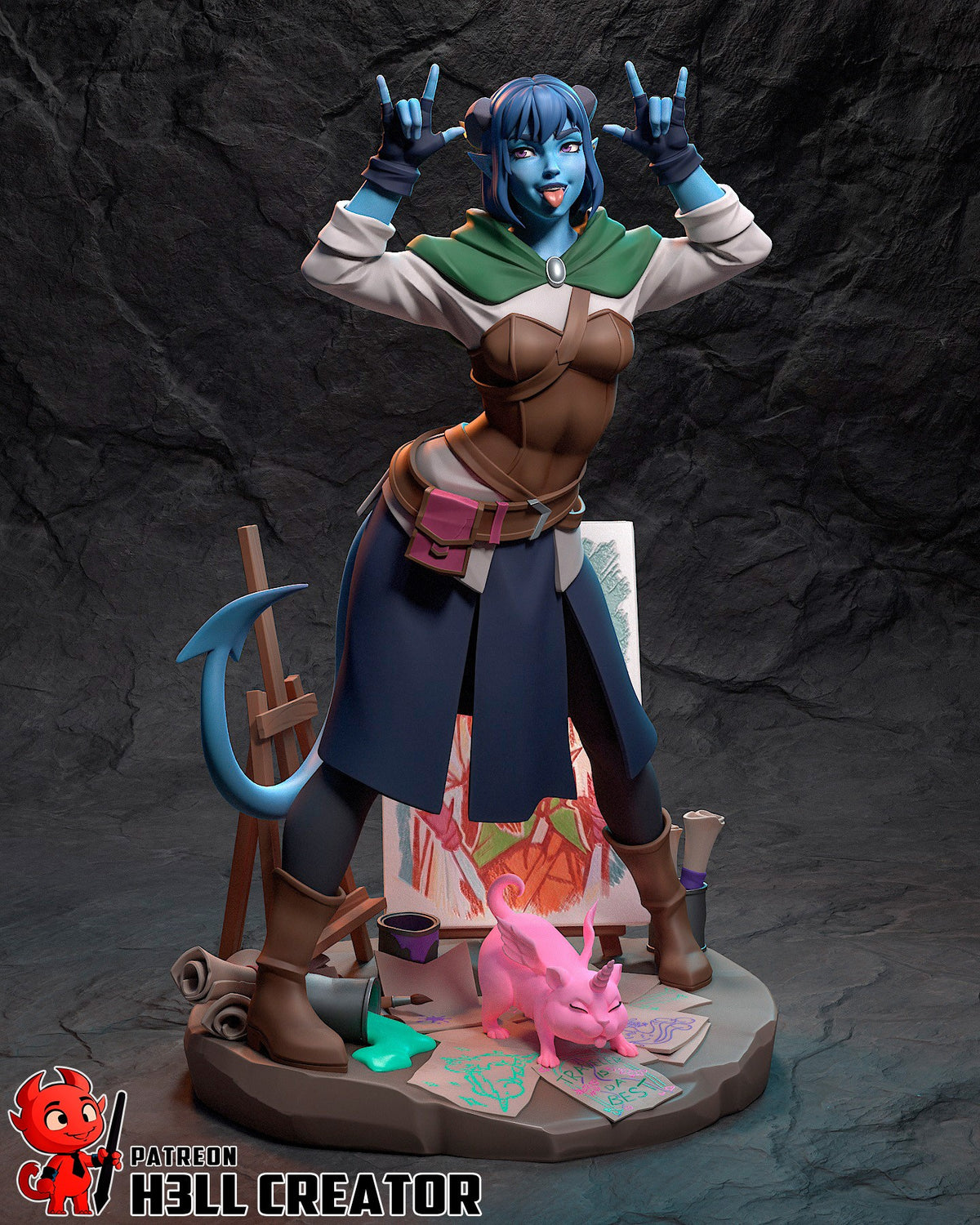 Jester from The Mighty Nein is a painted resin figure, front-facing with raised hands on a sculpted base.