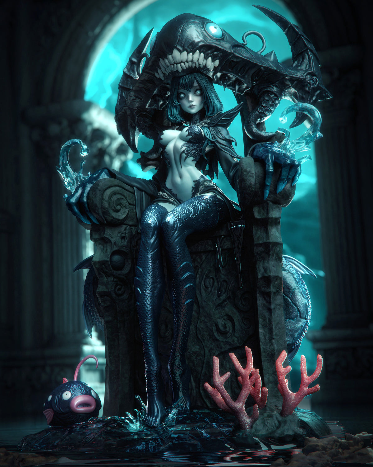 Azashara 3D printed resin figure posed against glowing teal backdrop, featuring detailed paint work, tentacle base, and accompanying small creature companion.