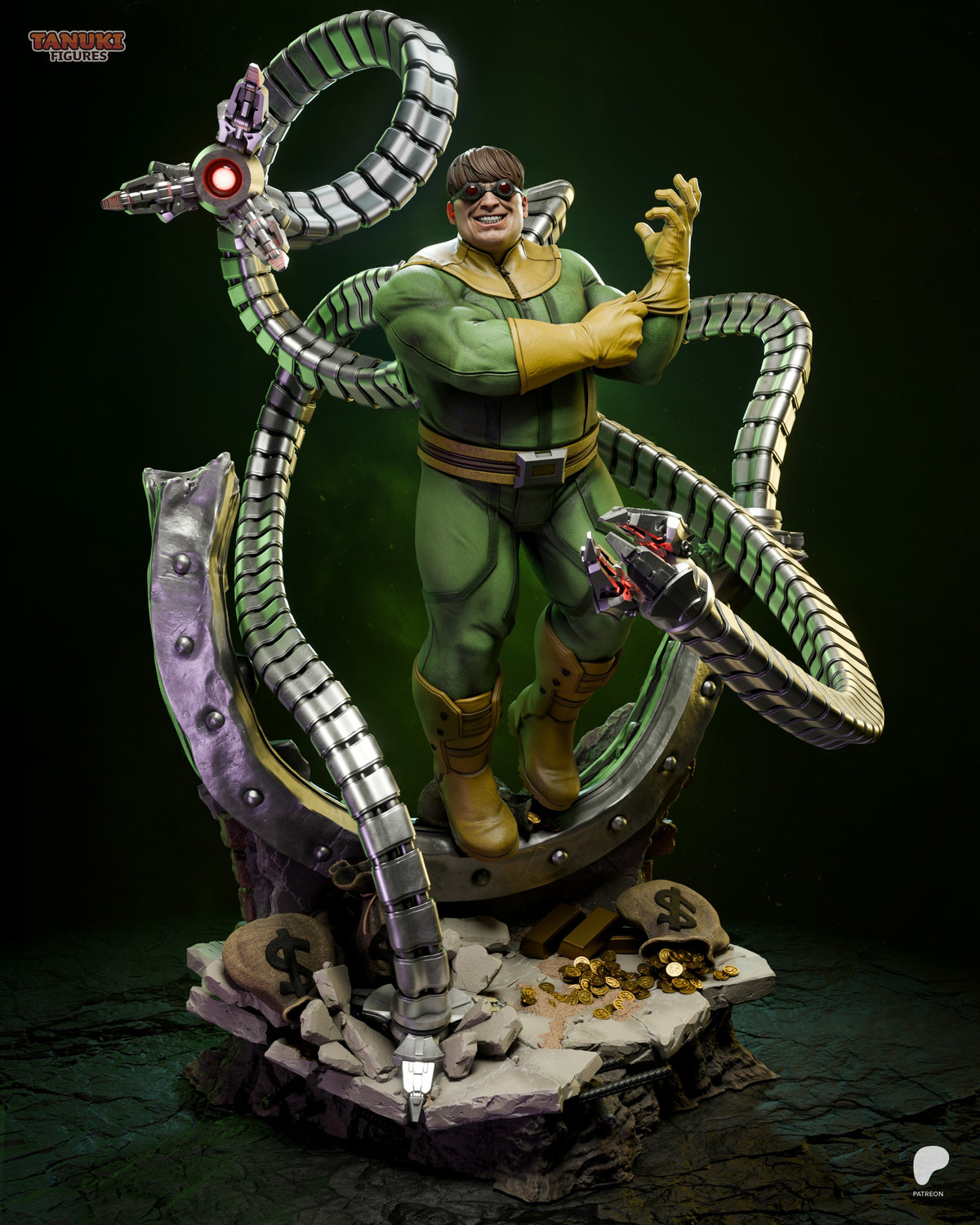 Steel Tentacle Menace resin figure posed dynamically with mechanical tentacles raised, wearing green suit, on rocky base with gold coins.