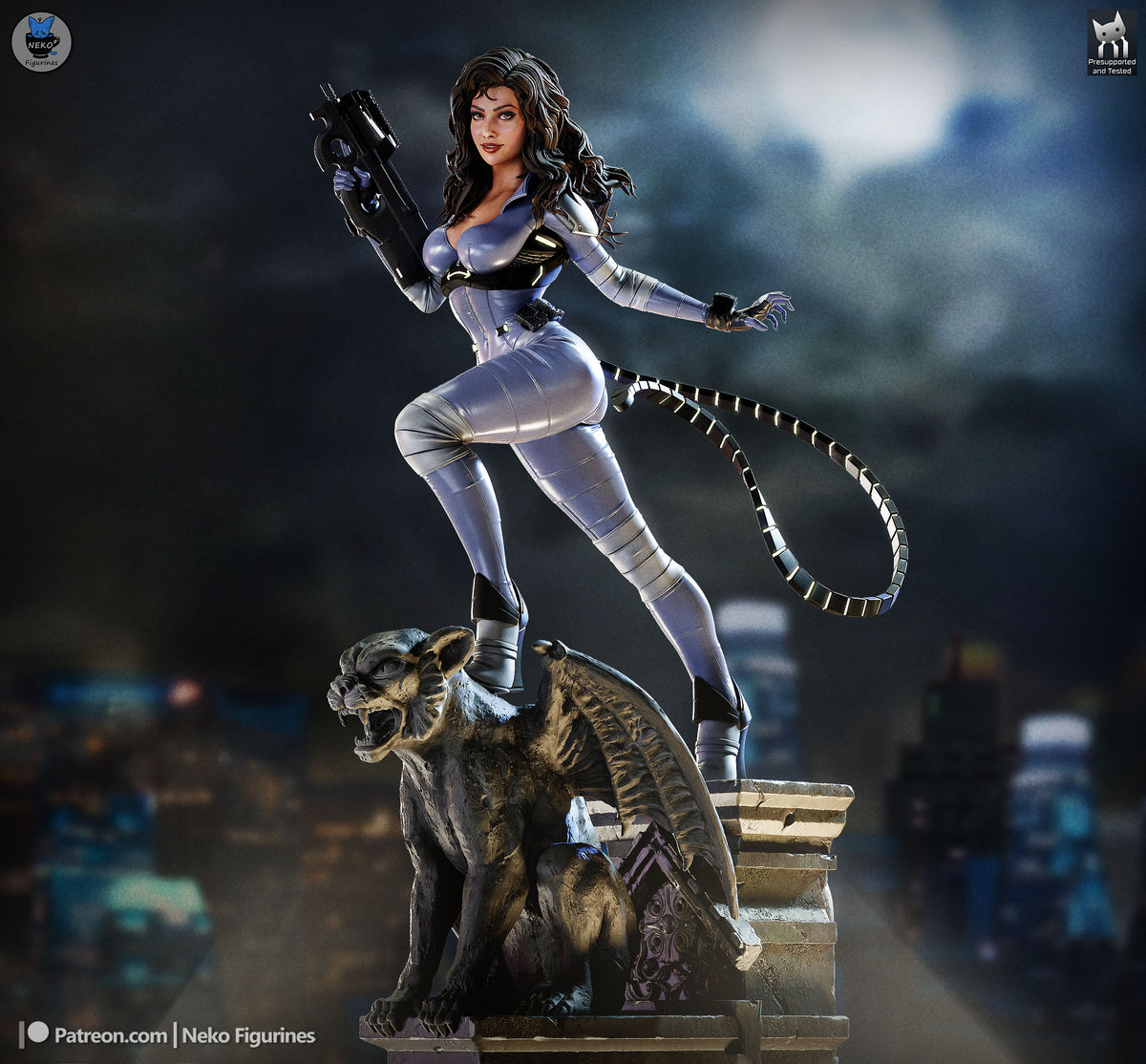 Night Vigilante & Alley Cat from Batman is a painted resin figure posed with a gun and extended tail on a snarling cat base.