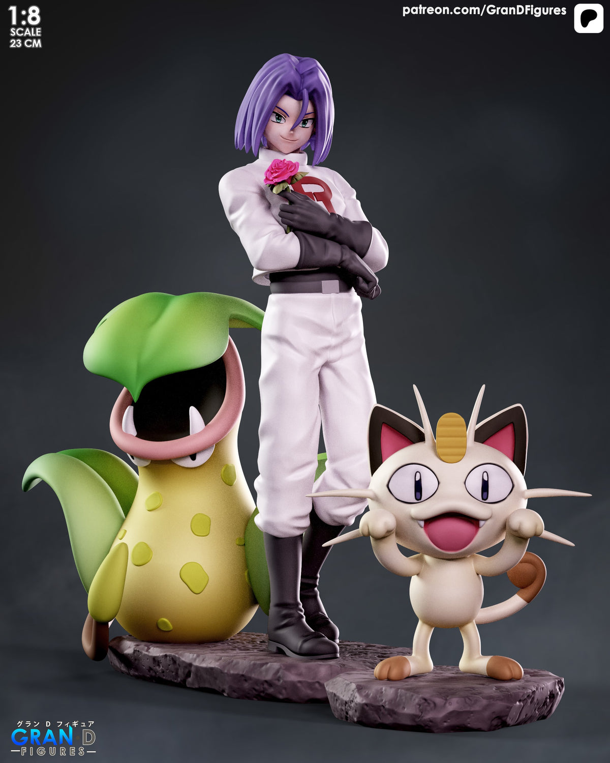 Painted James from Pokémon stands holding a rose with Victreebel and Meowth on sculpted bases in a resin figure.