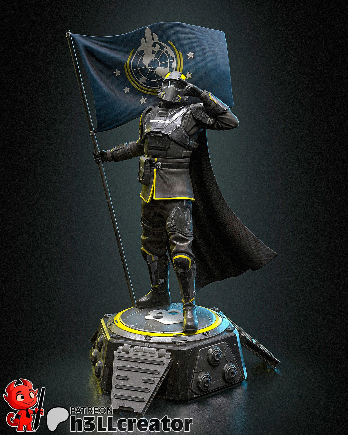 Painted Helldiver from Helldivers 2 resin figure salutes with a flag on a sculpted base.