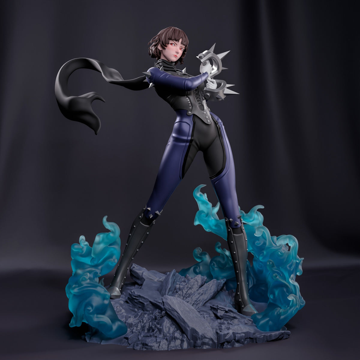 Makoto Nijima resin figure in dynamic pose wielding mace weapon, blue and black painted bodysuit, turquoise flame base, gray rocky platform, side angle view.