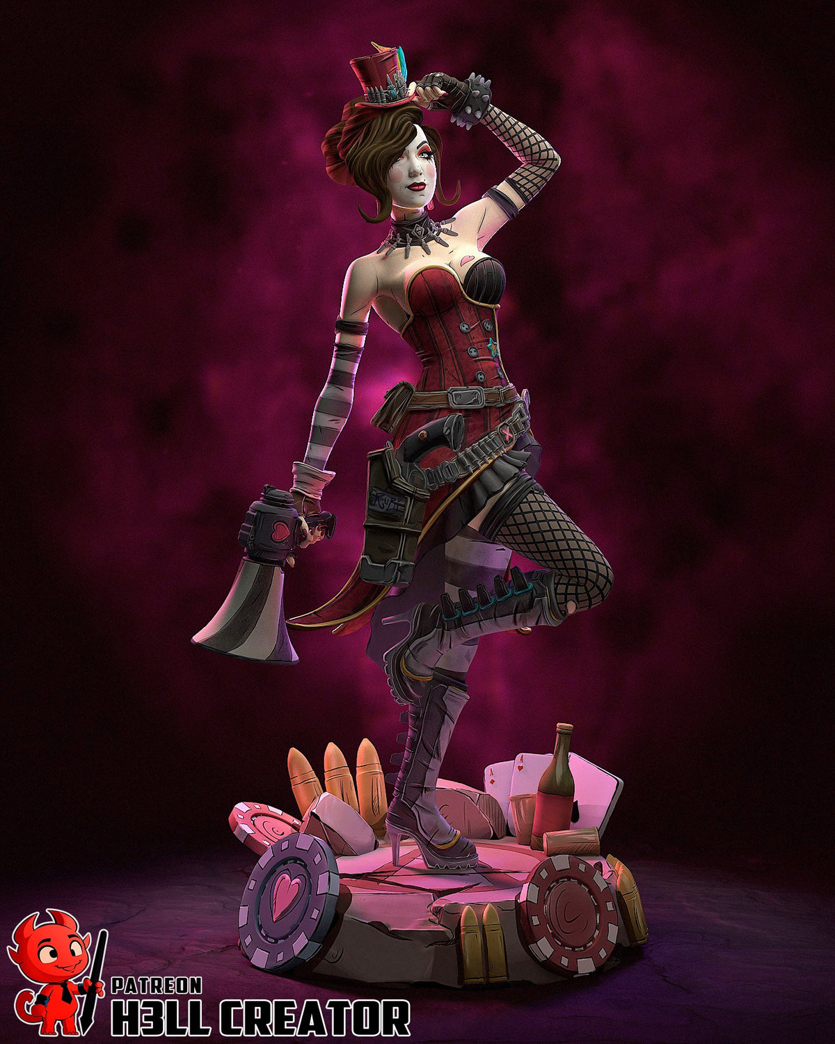 Mad Moxxi from Borderlands poses with a gun as a painted resin figure on a sculpted base.