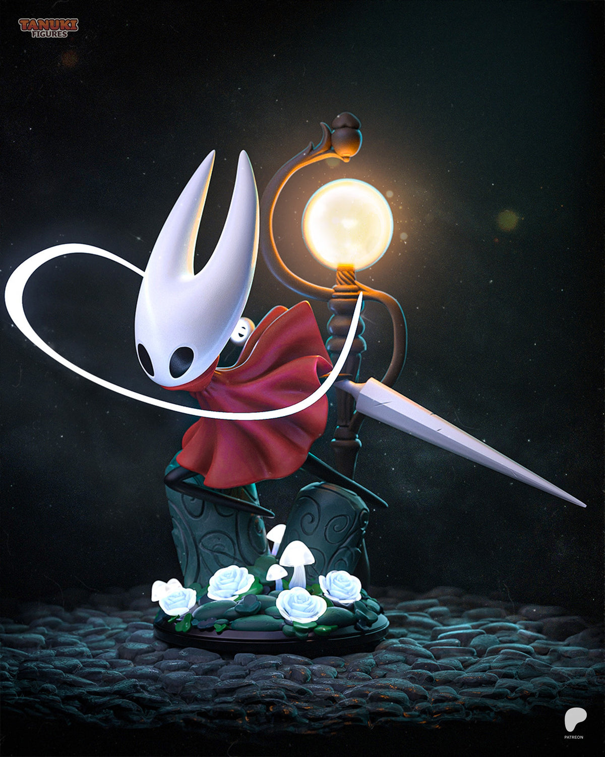 Hornet resin figure from Hollow Knight in dynamic pose holding needle and lantern, wearing red cloak, mounted on detailed base with flowers and mushrooms.