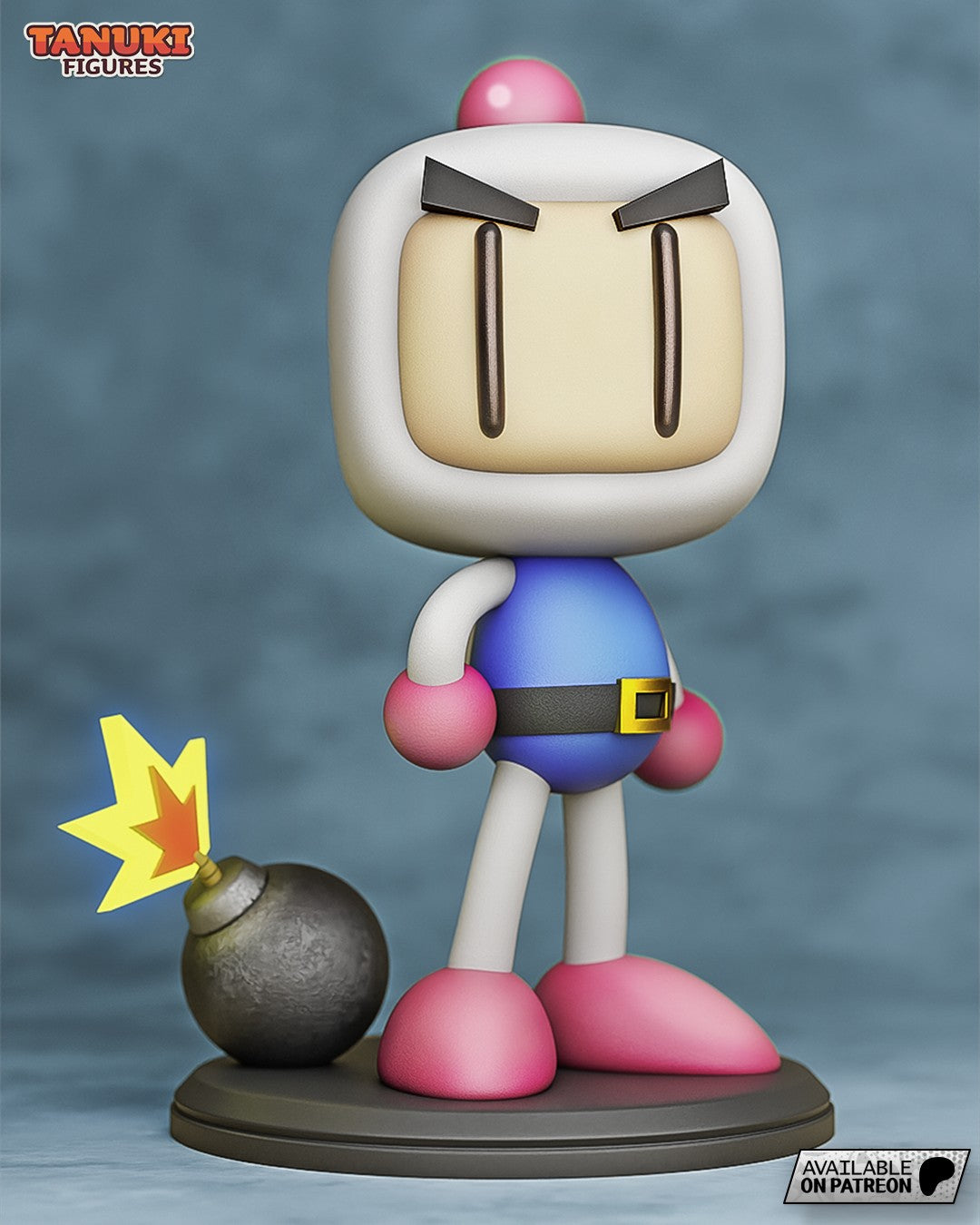 Bomberman resin Chibi figure with cream head, blue body, pink accents, and bomb prop on dark base, frontal angle.
