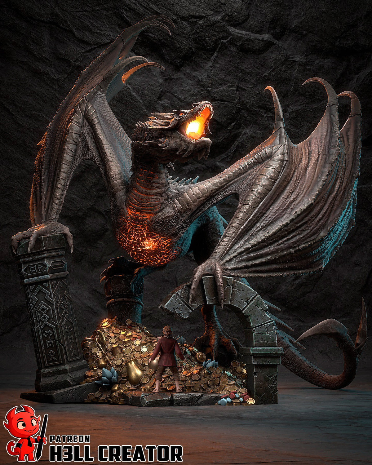 Smaug from The Hobbit resin figure shown front-facing with raised wings, open jaws, and sculpted treasure base.