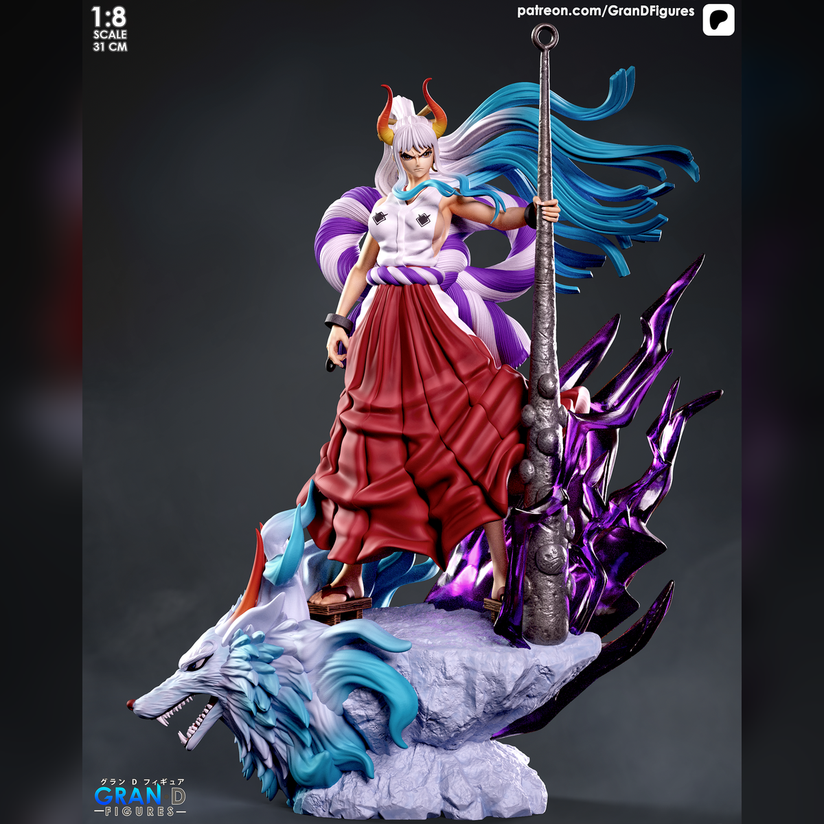 Yamato resin figure stands posed on rocky base with staff and blue wolf beast, wearing red skirt and purple cape, fully painted with dynamic hair flowing.