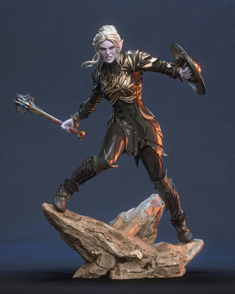 Painted Minthara resin figure from Baldur's Gate lunges with mace and shield on a rocky base.