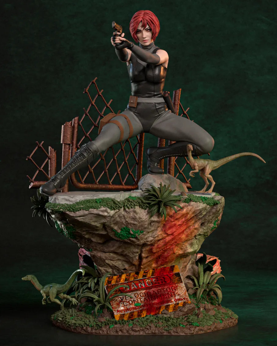 Regina from Dino Crisis resin figure posed on rocky base with dinosaur statue, holding weapon, painted in black tactical outfit with red hair.