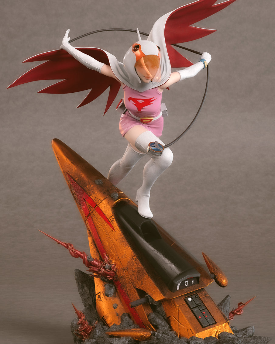Jun the Swan resin figure posed dynamically atop a painted crash debris base, white outfit and red wings fully detailed, arms outstretched in flight.