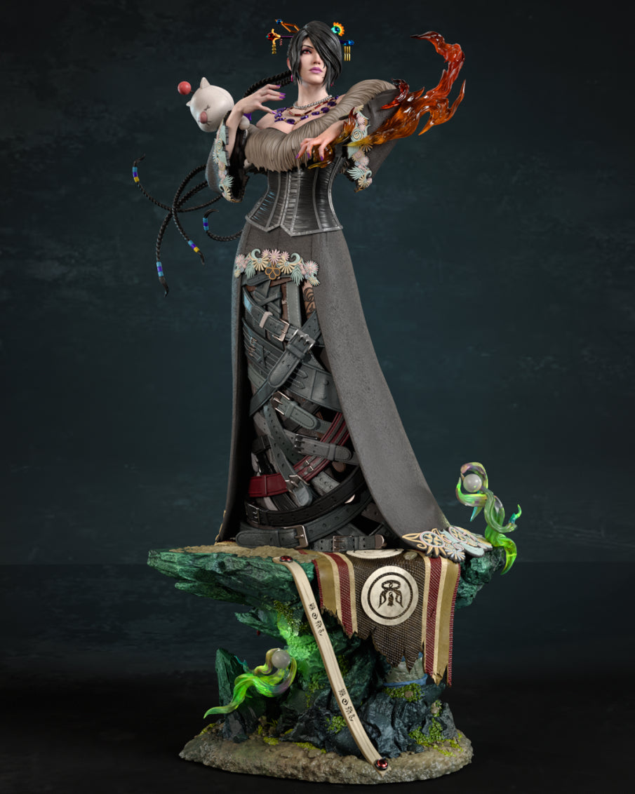 Painted Lulu from Final Fantasy resin figure stands front-facing on a sculpted rocky base.