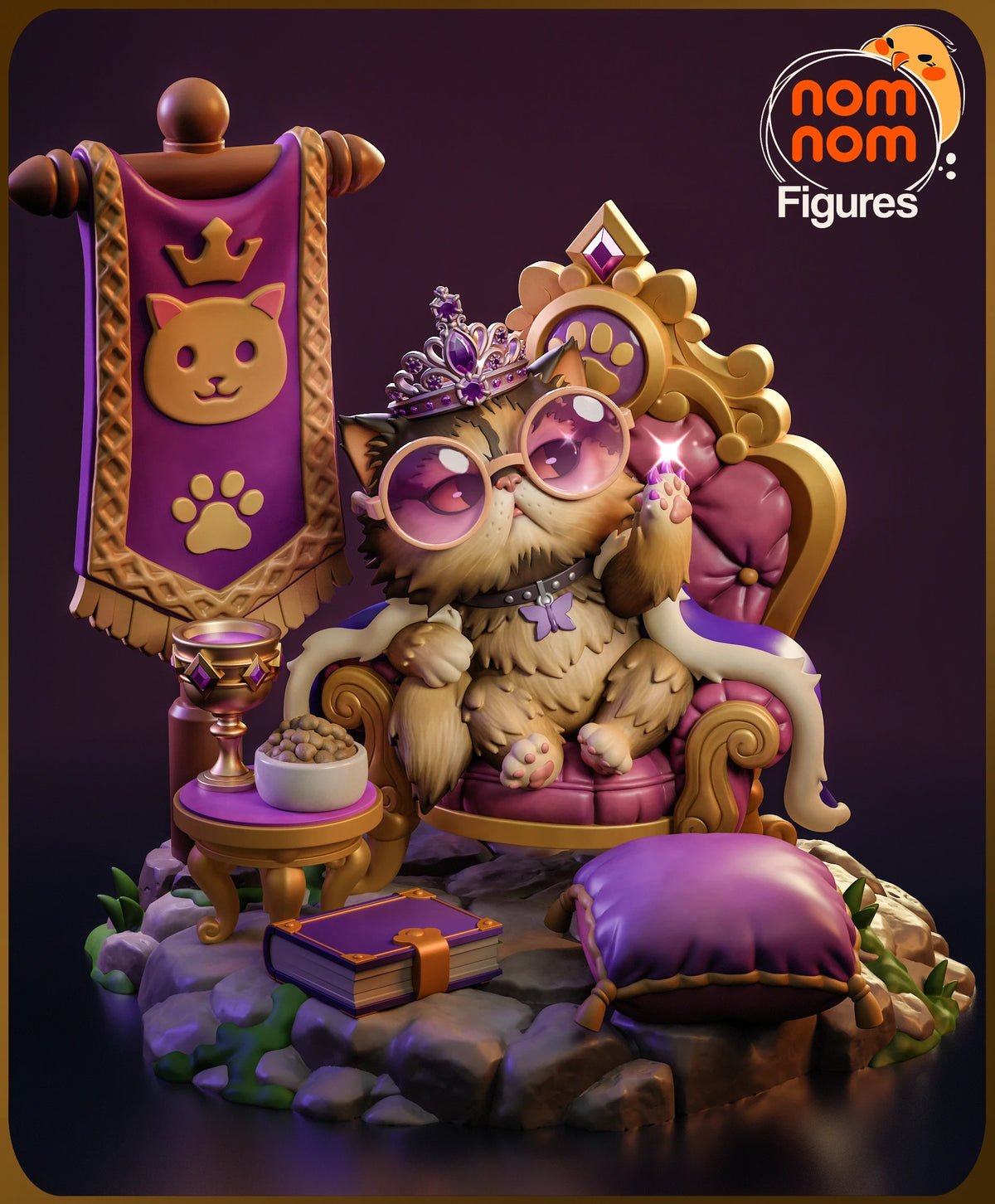 Front beauty shot of Princess Donut, a painted resin Chibi figure from Dungeon Crawler Carl, seated on a throne base.