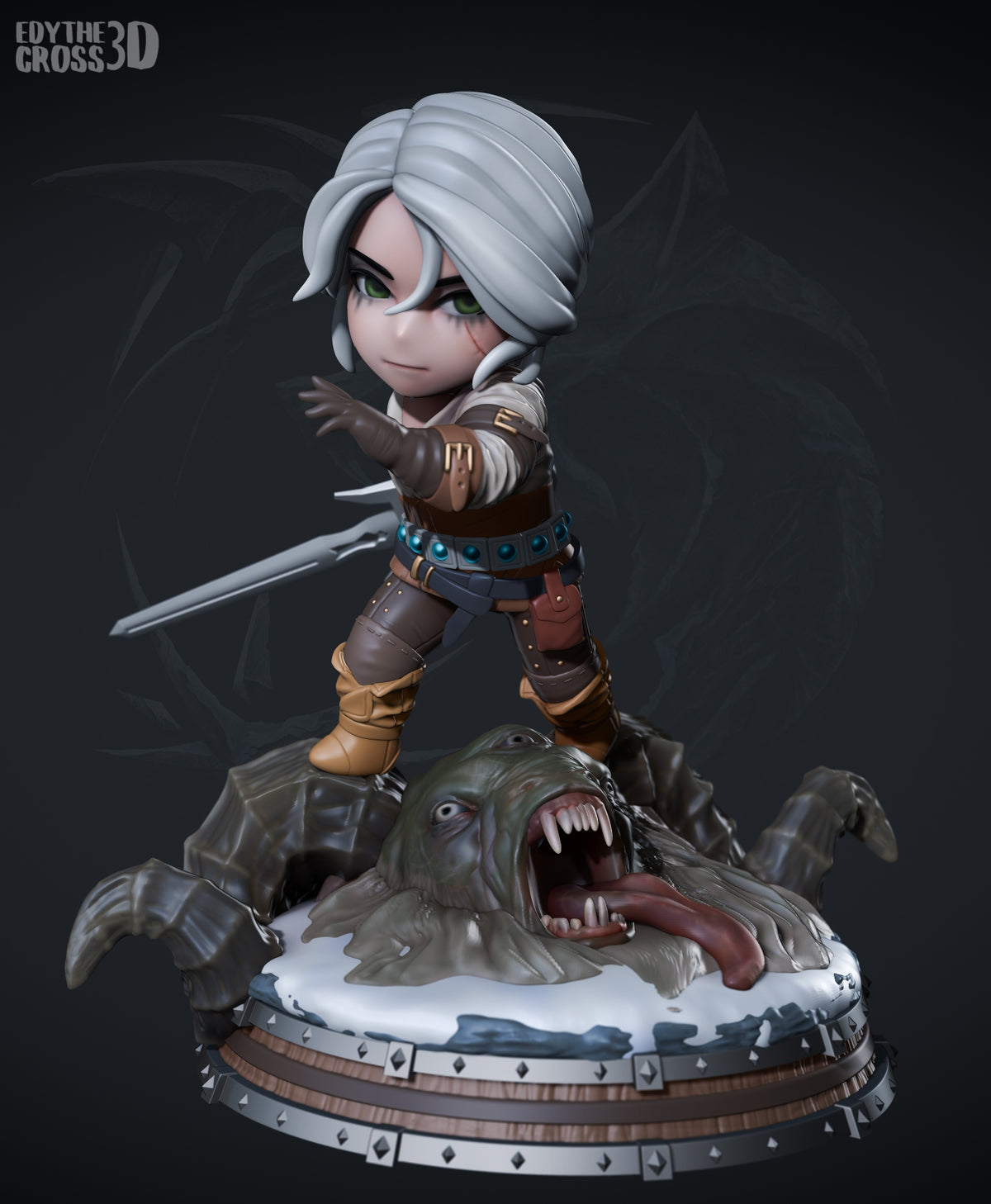 Ciri from The Witcher is a painted resin Chibi figure posed with a sword on a monster base.