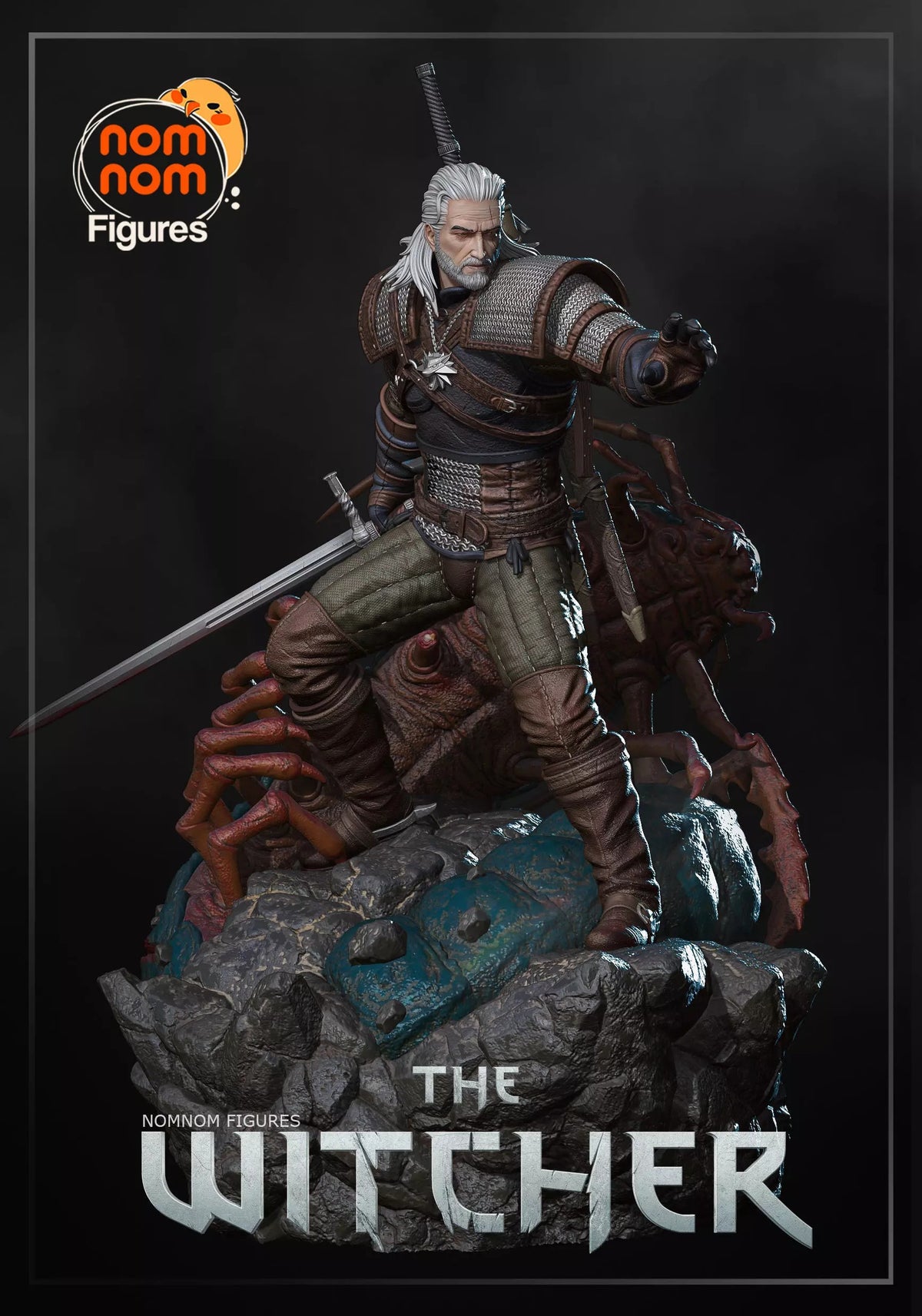 Painted Geralt of Rivia resin figure from The Witcher stands with sword raised on a sculpted monster base.