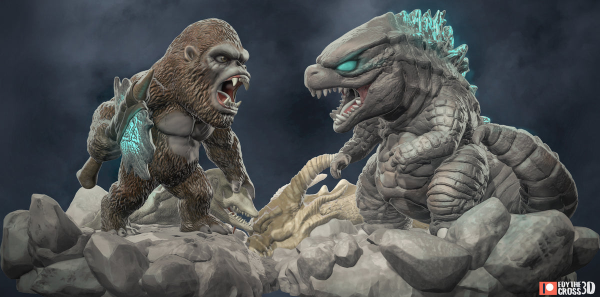 Painted resin Chibi figure of Colossal Monster Duo from Giant Monster Defense Squad on a rocky base.