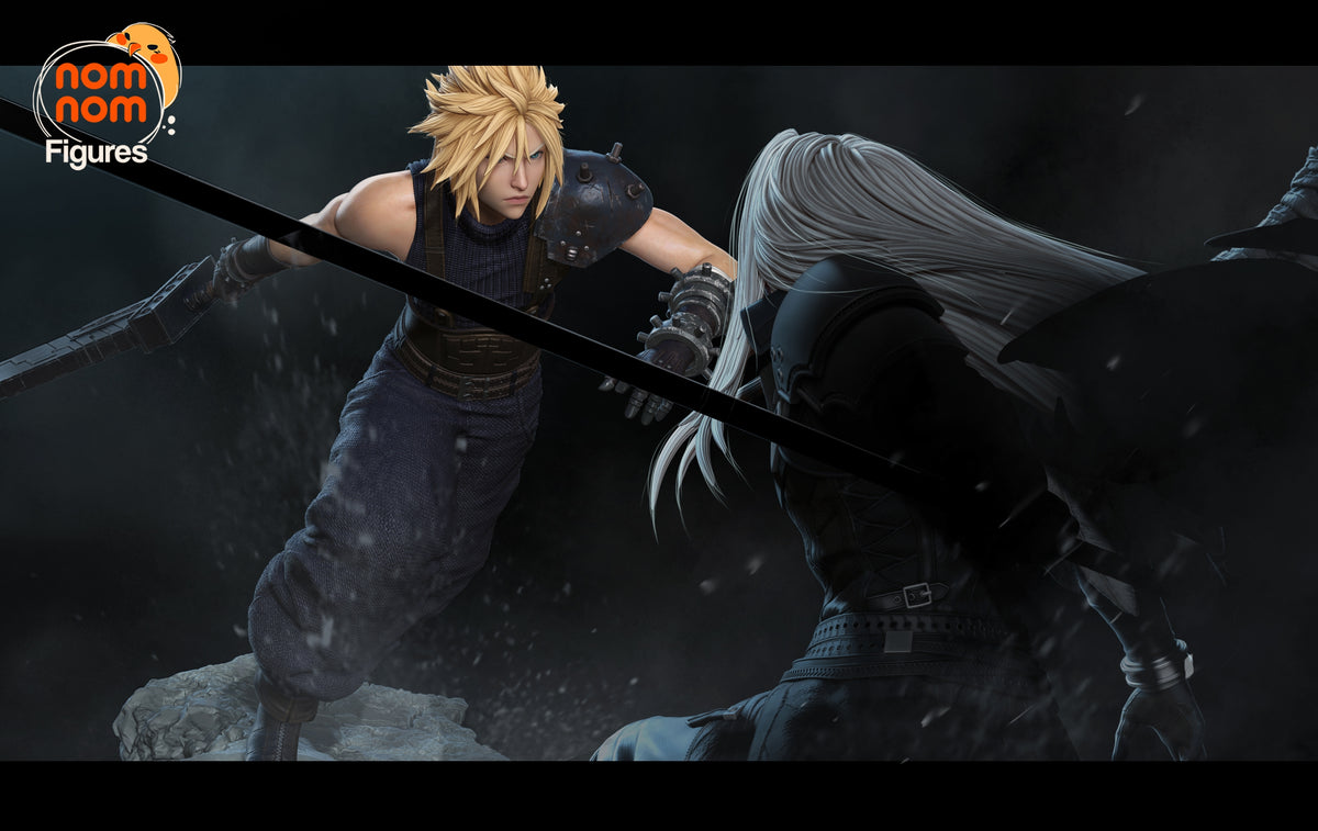 Fully painted sample of Cloud Strife vs Sephiroth from Final Fable by Nomnom, showing intended final look for display reference.