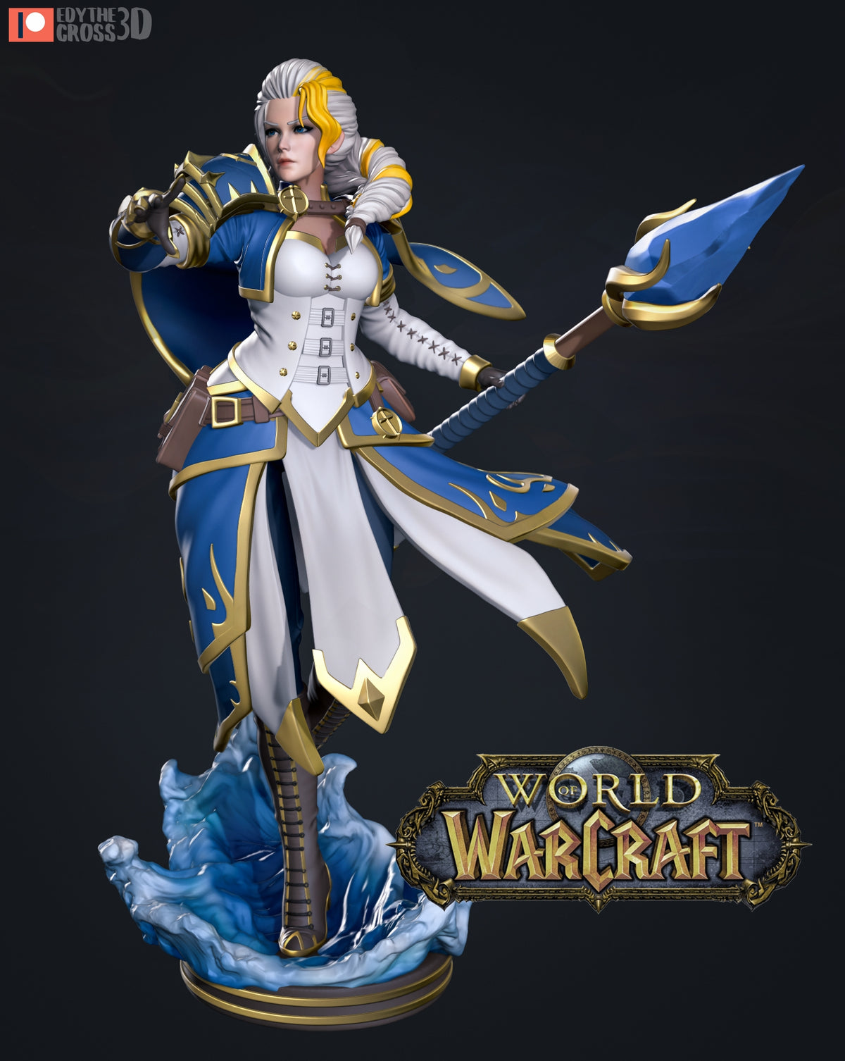 Jaina Proudmoore from World of Warcraft, a painted resin figure, holds a staff on sculpted ice.
