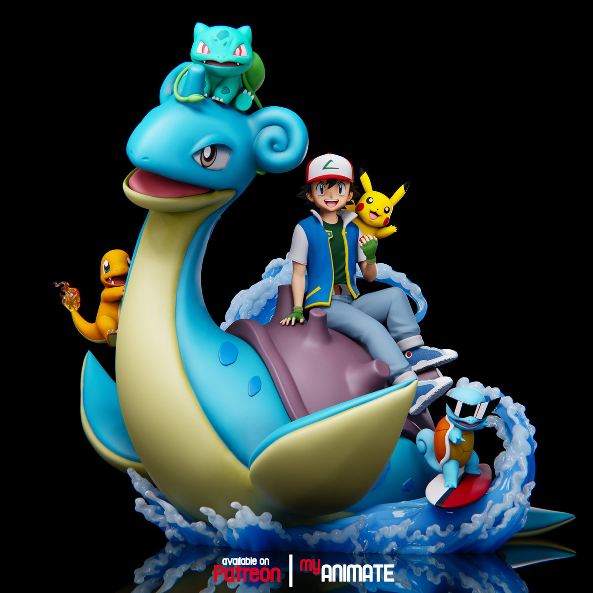 Fully painted sample of Ash, Lapras, Pikachu, Charmander, Bulbasaur and Squirtle Figurine from Pokémon by myAnimate, showing the intended final look.