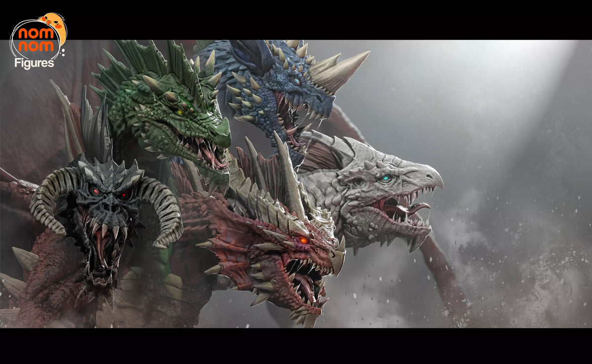 Fully painted sample of Fivefold Dragon Queen from fantasy tabletop roleplaying game by Nomnom, showing intended final look for display reference.