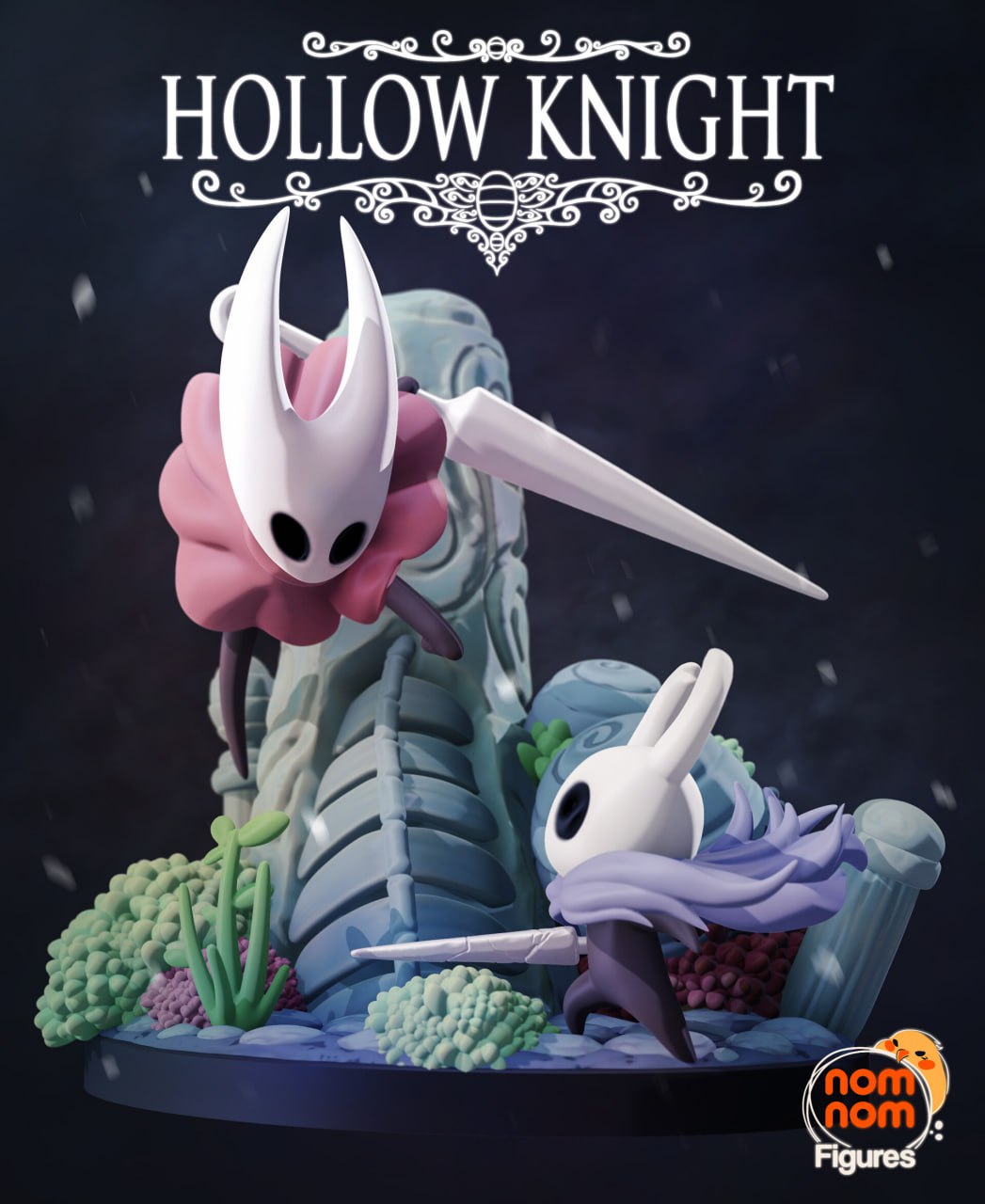 Knight and Hornet resin figure from Hollow Knight shown posed on a painted sculpted base.