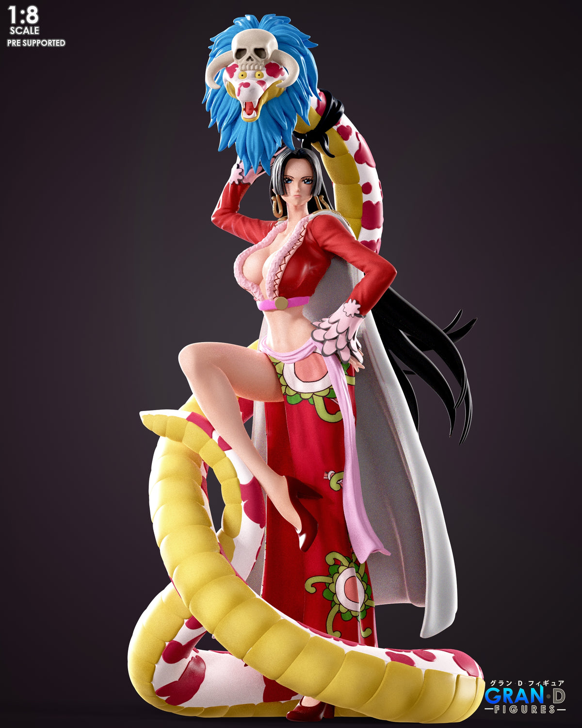Painted resin figure of Boa Hancock from One Piece kneels above a sculpted snake base.