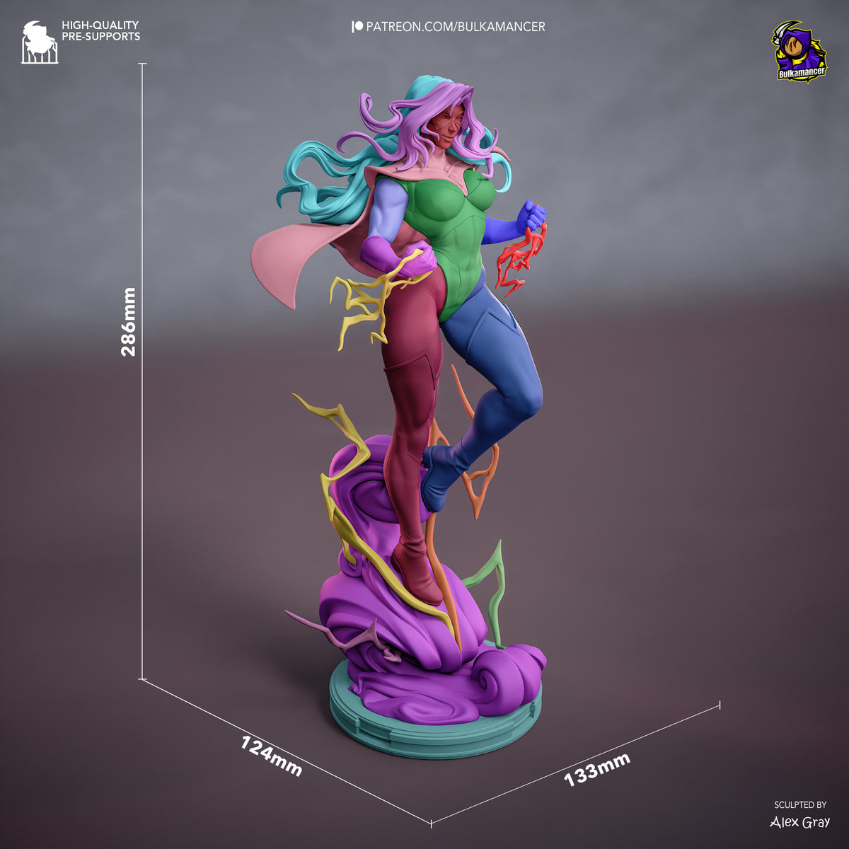 Blonde Blazer from Dispatch is a painted resin figure in a raised-leg pose on a sculpted base with scale dimensions.