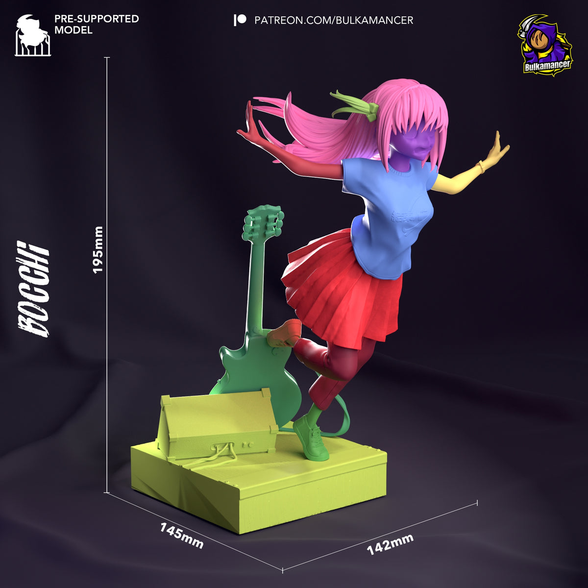 Hitori Gotoh from Bocchi the Rock is a painted resin figure with guitar on a base, 195mm tall.
