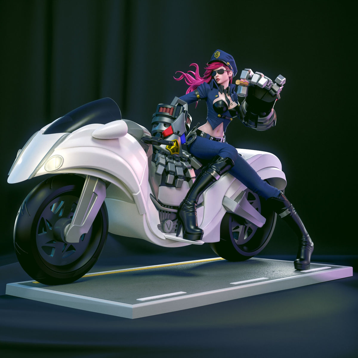 Vi resin figure posed on motorcycle with gauntlets raised, pink hair flowing, dark base, detailed painted armor and clothing, side angle.