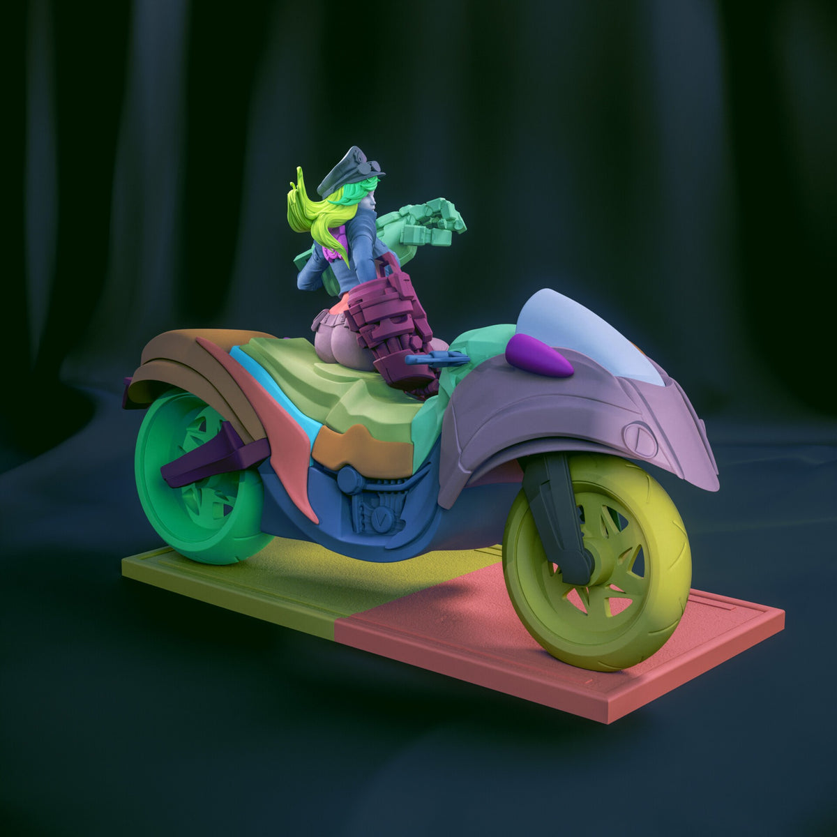 Vi from League of Legends on colorful motorcycle, 3D printed resin figure shown from side angle with detailed painted parts and base included.