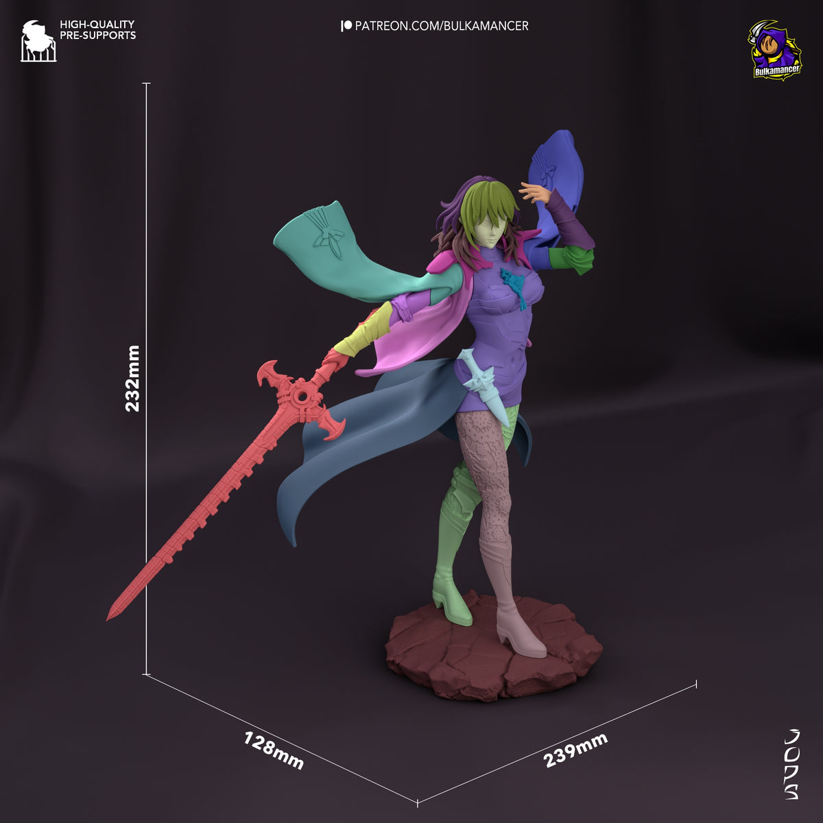 Scale view of painted Ashen Scholar from Fire Symbol resin figure on a sculpted base, measuring 232mm tall.